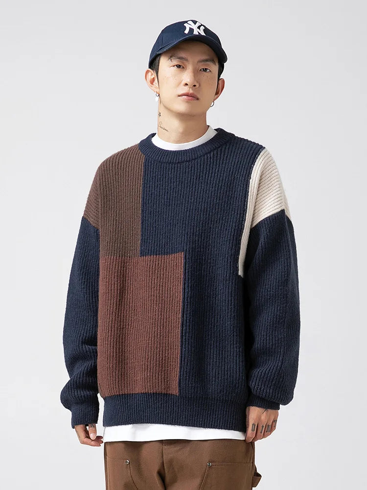 Color Block Stitching Texture Pit Sweater Men's And Women's Autumn And Winter New Loose Thick Needle Heavy Knitwear