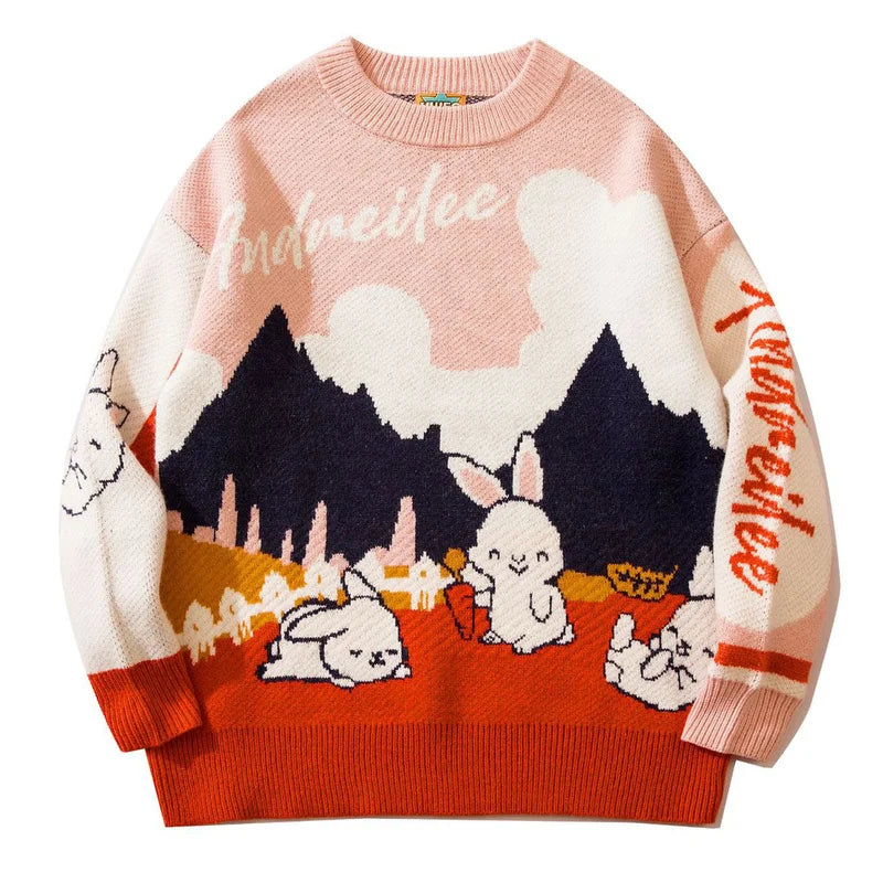 Mens Cartoon Loose Sweater Women Rabbit Streetwear Knitted Jumper Sweaters Japanese Cotton Pullover Loose Tops Unisex Autumn