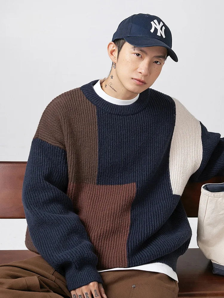 Color Block Stitching Texture Pit Sweater Men's And Women's Autumn And Winter New Loose Thick Needle Heavy Knitwear