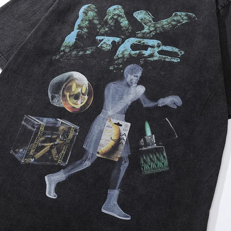 High Street Plus Size Washed Distressed Graphic Women's Oversized T-Shirt Summer Goth Short Sleeve Cartoon Tee Tops Streetwear