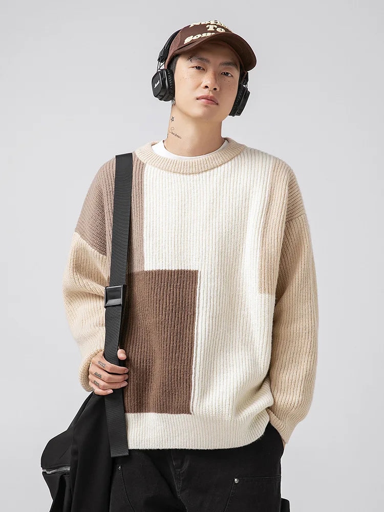 Color Block Stitching Texture Pit Sweater Men's And Women's Autumn And Winter New Loose Thick Needle Heavy Knitwear