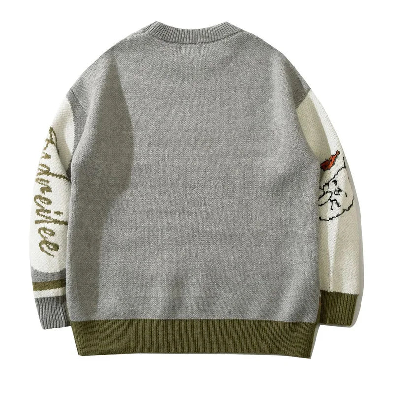 Mens Cartoon Loose Sweater Women Rabbit Streetwear Knitted Jumper Sweaters Japanese Cotton Pullover Loose Tops Unisex Autumn