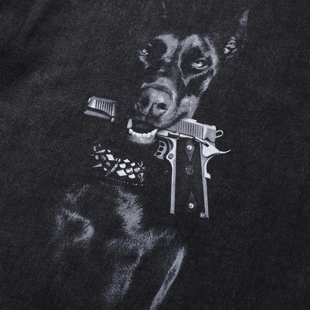 Plus Size Large Hungry Dog with Gun Graphic T-Shirt for Women Men Washed Distressed Gothic Aesthetic Oversize Summer Tees Tops