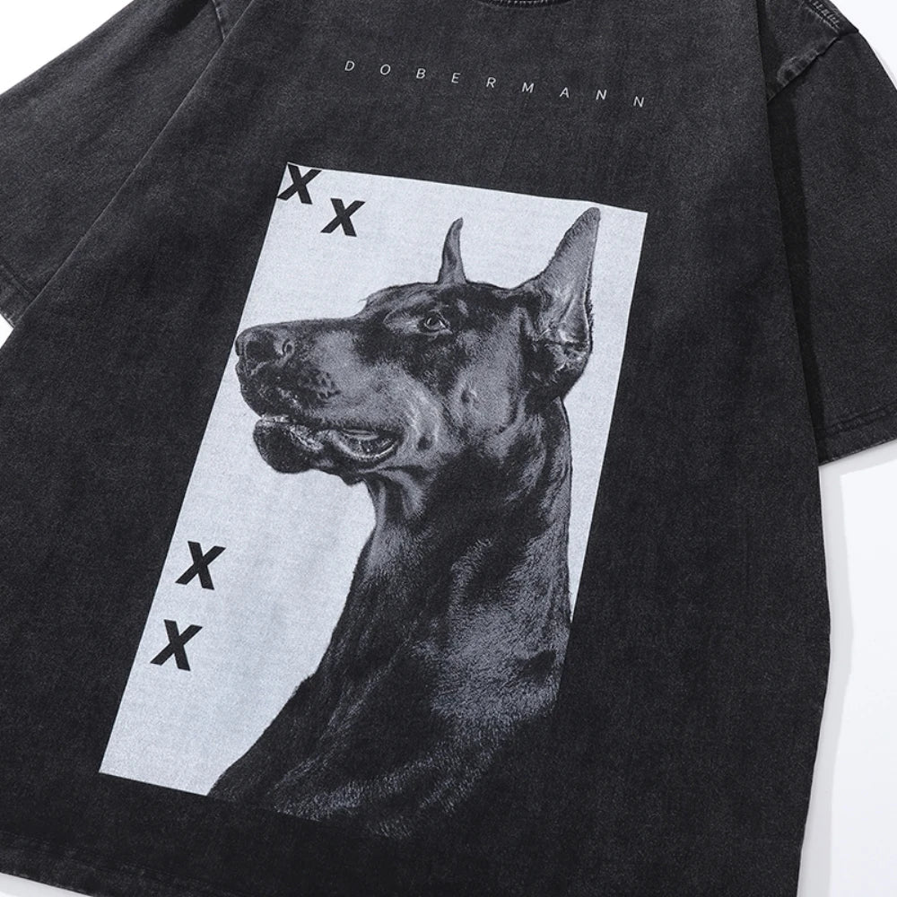 Funny Dog High Street Washed Distressed Printed Oversized T-Shirt for Men Goth Clothes Summer Short Sleeve Tops Tees Shirts