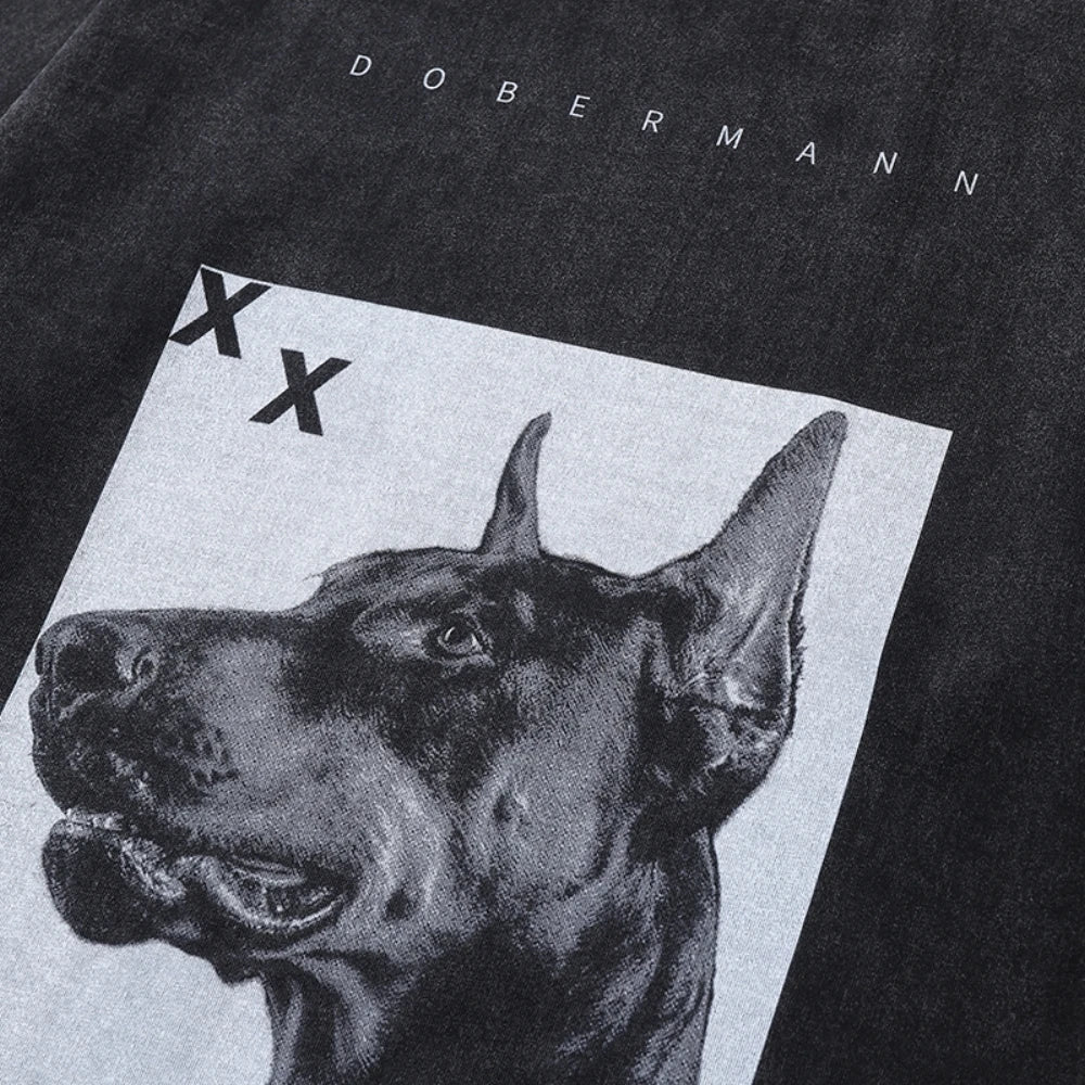 Funny Dog High Street Washed Distressed Printed Oversized T-Shirt for Men Goth Clothes Summer Short Sleeve Tops Tees Shirts