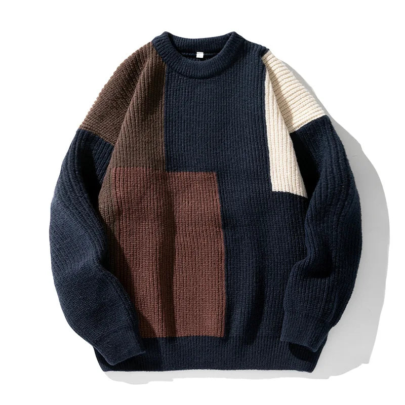 Color Block Stitching Texture Pit Sweater Men's And Women's Autumn And Winter New Loose Thick Needle Heavy Knitwear