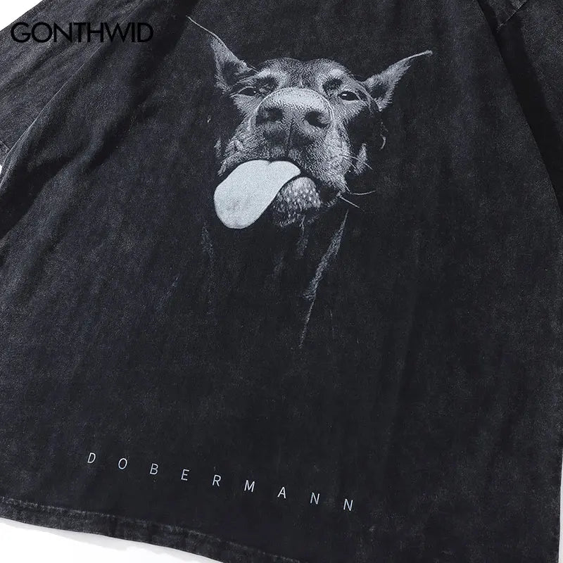 Vintage Oversize T-Shirt Y2K Hip Hop Dobermann Dog Animal Graphic Print Washed Streetwear Tshirt 2023 Harajuku Fashion Loose Top