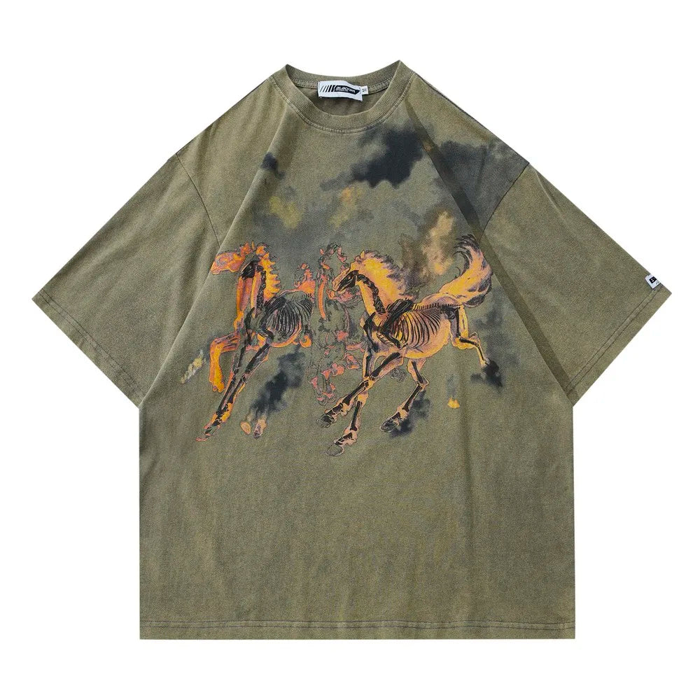 Burning Flame Horses with Fire Graphic Print T-Shirt Women Men Streetwear Washed Distressed Loose Goth Tshirt Cotton Tops Tees
