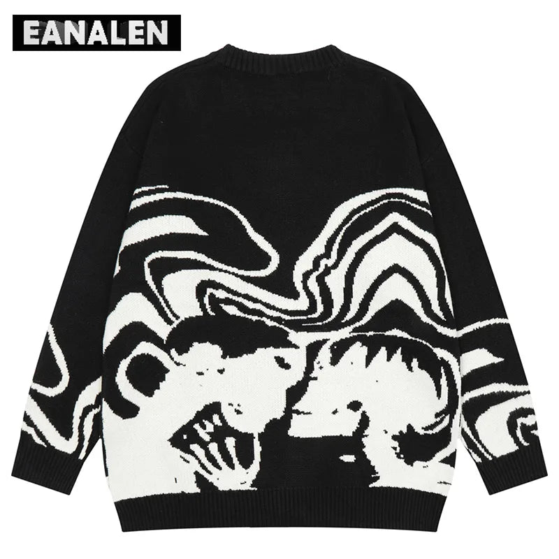 Harajuku Vintage Abstract Skull Knitted Sweater Men's Oversized Gothic Jumper Anime Couple Pullover Grandpa Ugly Sweater Women's