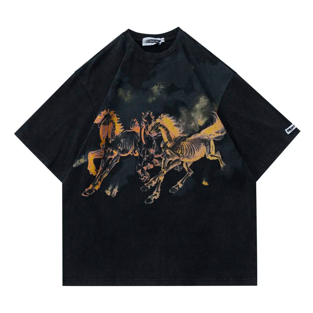 Burning Flame Horses with Fire Graphic Print T-Shirt Women Men Streetwear Washed Distressed Loose Goth Tshirt Cotton Tops Tees
