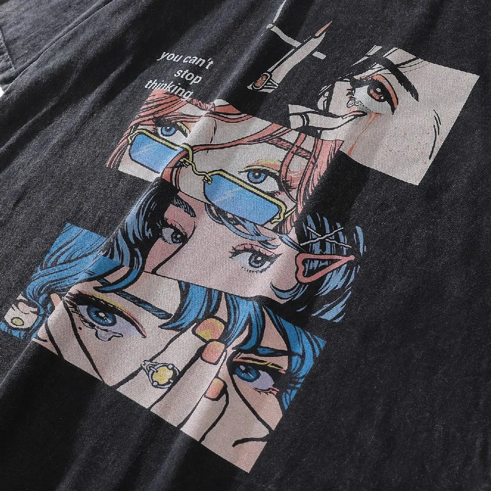Plus Size Oversize Harajuku Comic Cartoon Graphic T-Shirt for Women Men Japan Style Distressed Grunge Summer Tee Tops Streetwear