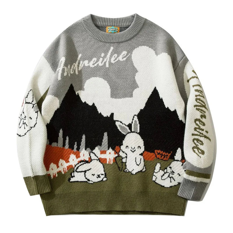 Mens Cartoon Loose Sweater Women Rabbit Streetwear Knitted Jumper Sweaters Japanese Cotton Pullover Loose Tops Unisex Autumn